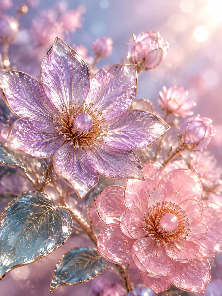 珠宝工艺花卉静物AI绘画提示词，玻璃花瓣配金属丝
