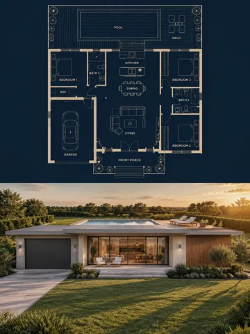 建筑可视化上下分屏对比图 AI 提示词：户型平面图与住宅外观渲染