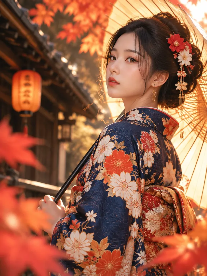 暖调逆光和服女性人像 AI 绘画提示词