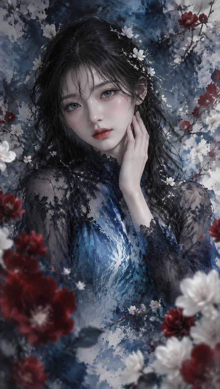 东方水墨梦幻人像 AI 绘画提示词，半写实厚涂女性插画