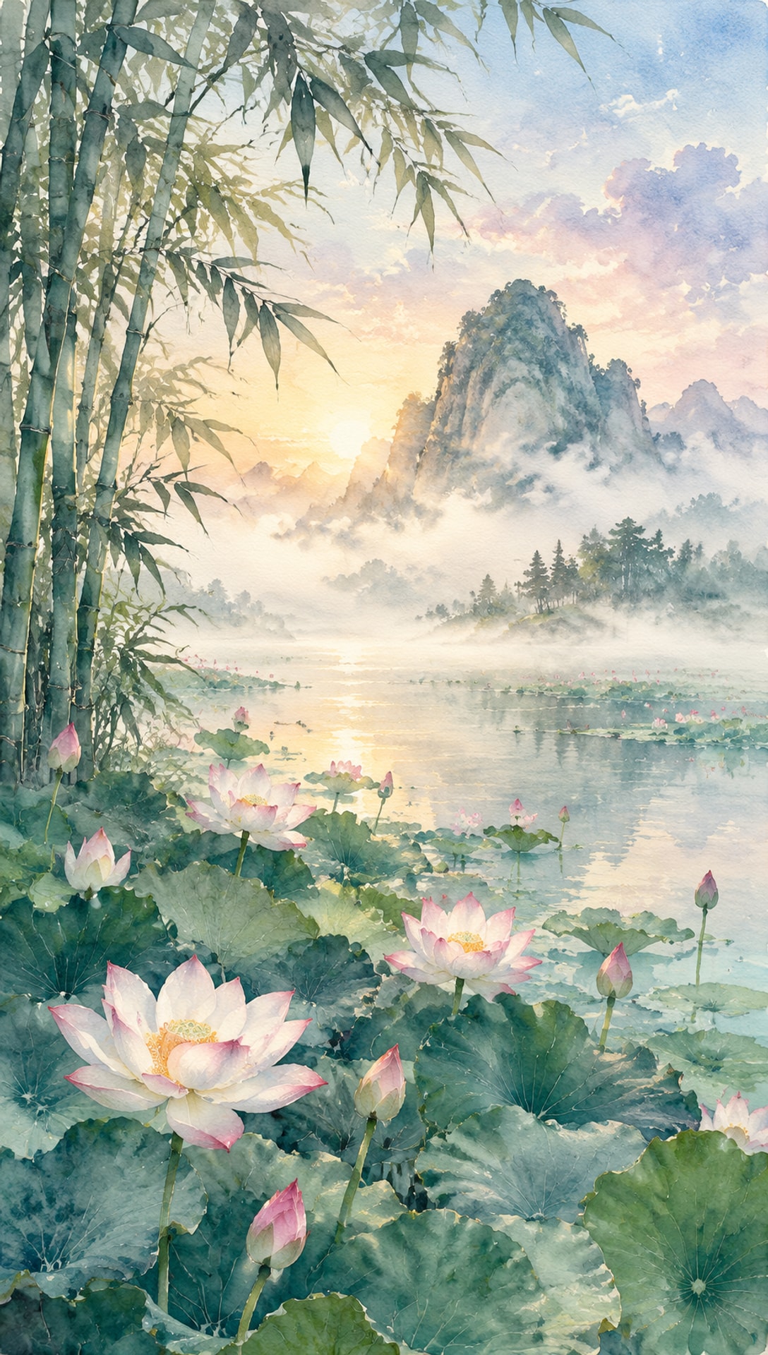 水墨淡彩荷塘竹影山水场景AI绘画提示词