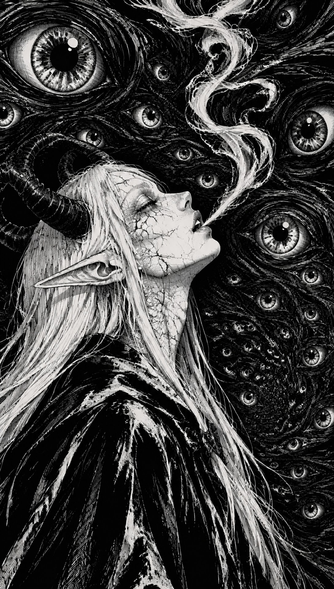 暗黑奇幻精灵女子黑白线稿 AI 提示词