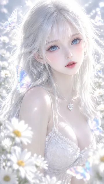 半写实三维渲染梦幻银白少女肖像 AI 绘画提示词