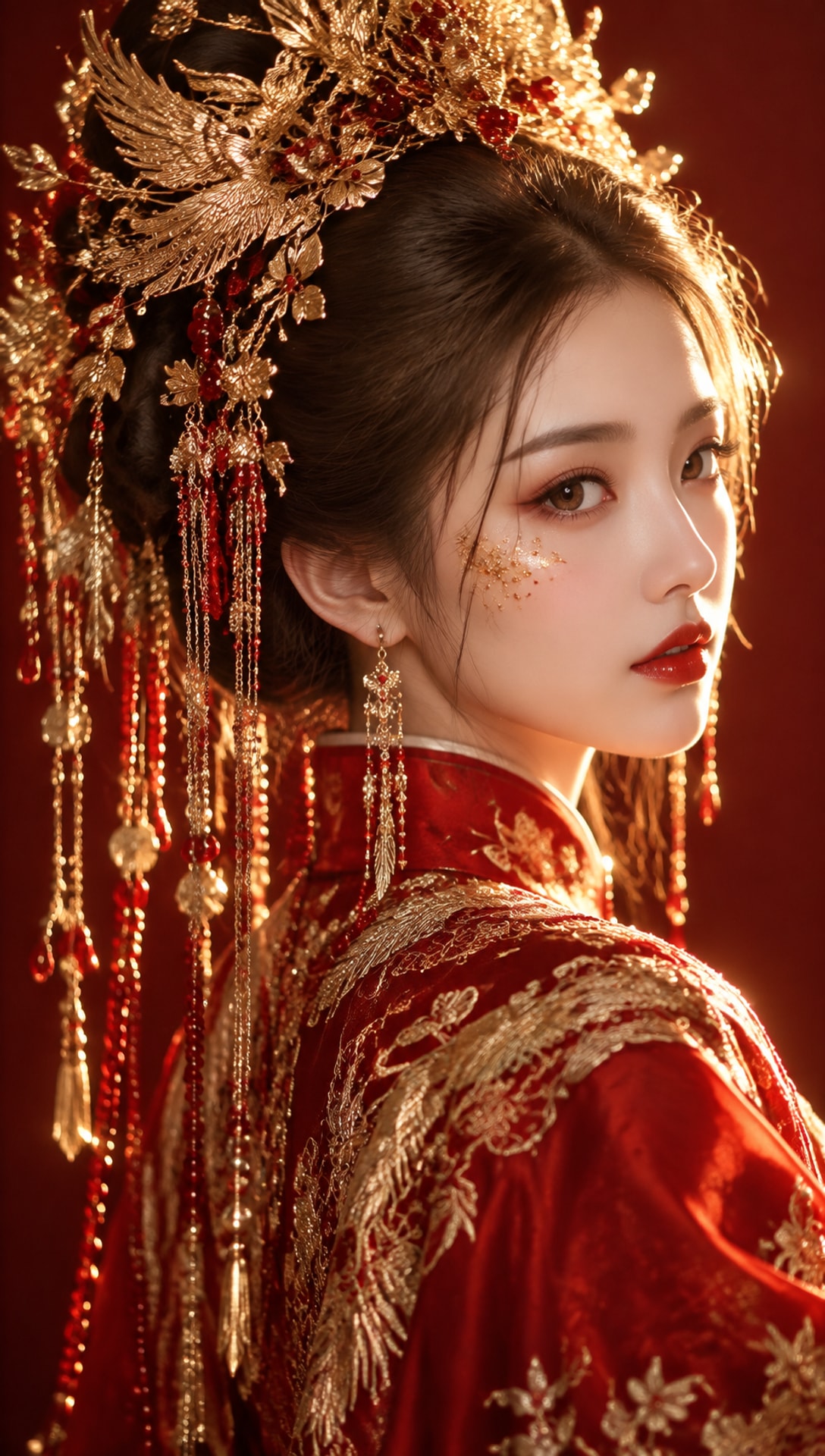 东方古典新娘人像 AI 绘画提示词，红金逆光凤冠造型
