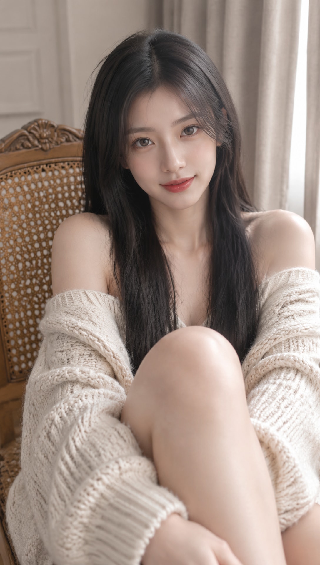 暖调窗光室内人像 AI 提示词，柔和写实女性半身照