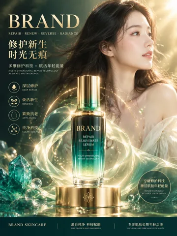 商业美妆精华液广告海报 AI 绘画提示词,暖金青绿高级质感