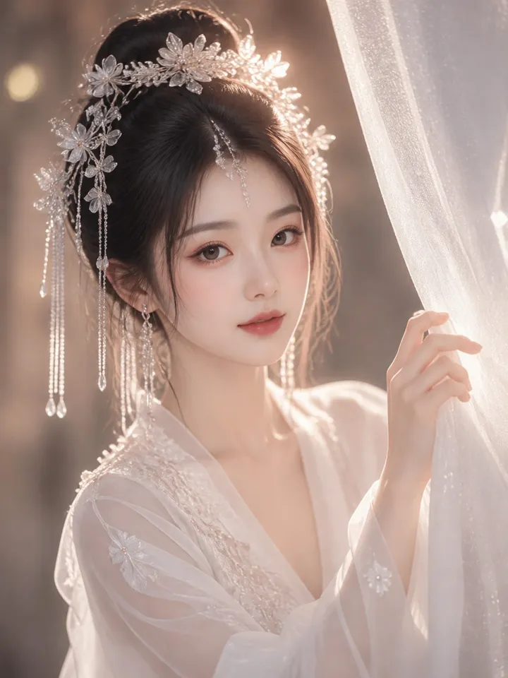 古风水晶头饰少女薄纱人像 AI 绘画提示词