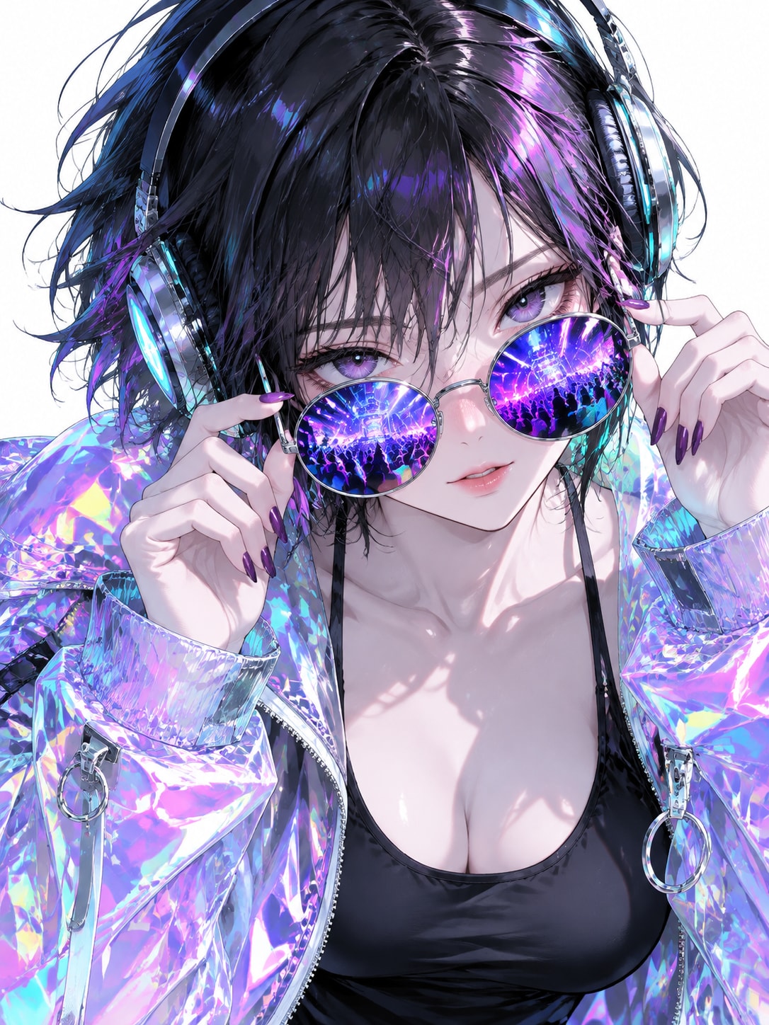 日系动漫少女墨镜耳机插画AI提示词