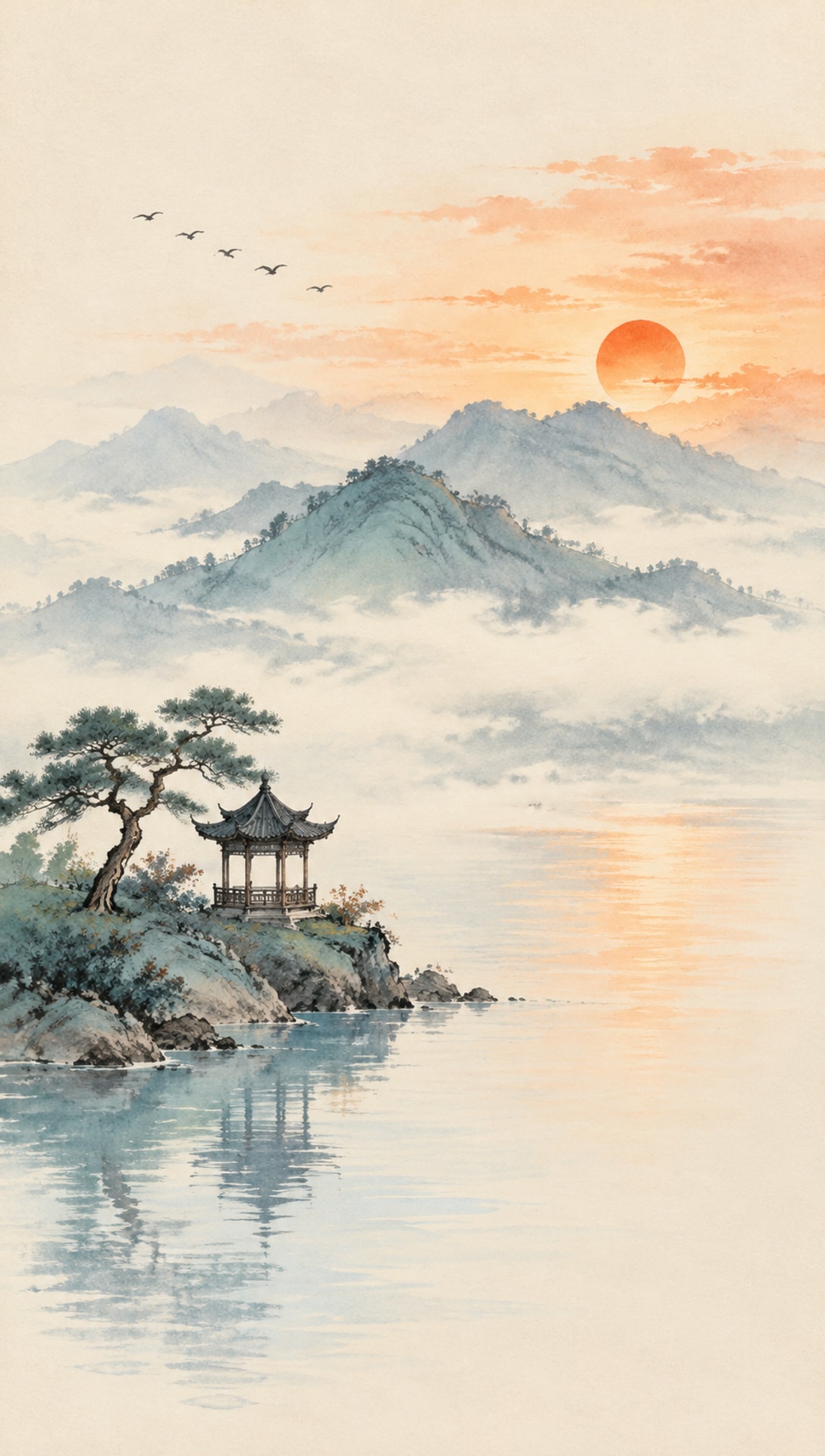 水墨淡彩山水插画提示词 青绿晚霞孤亭落日意境