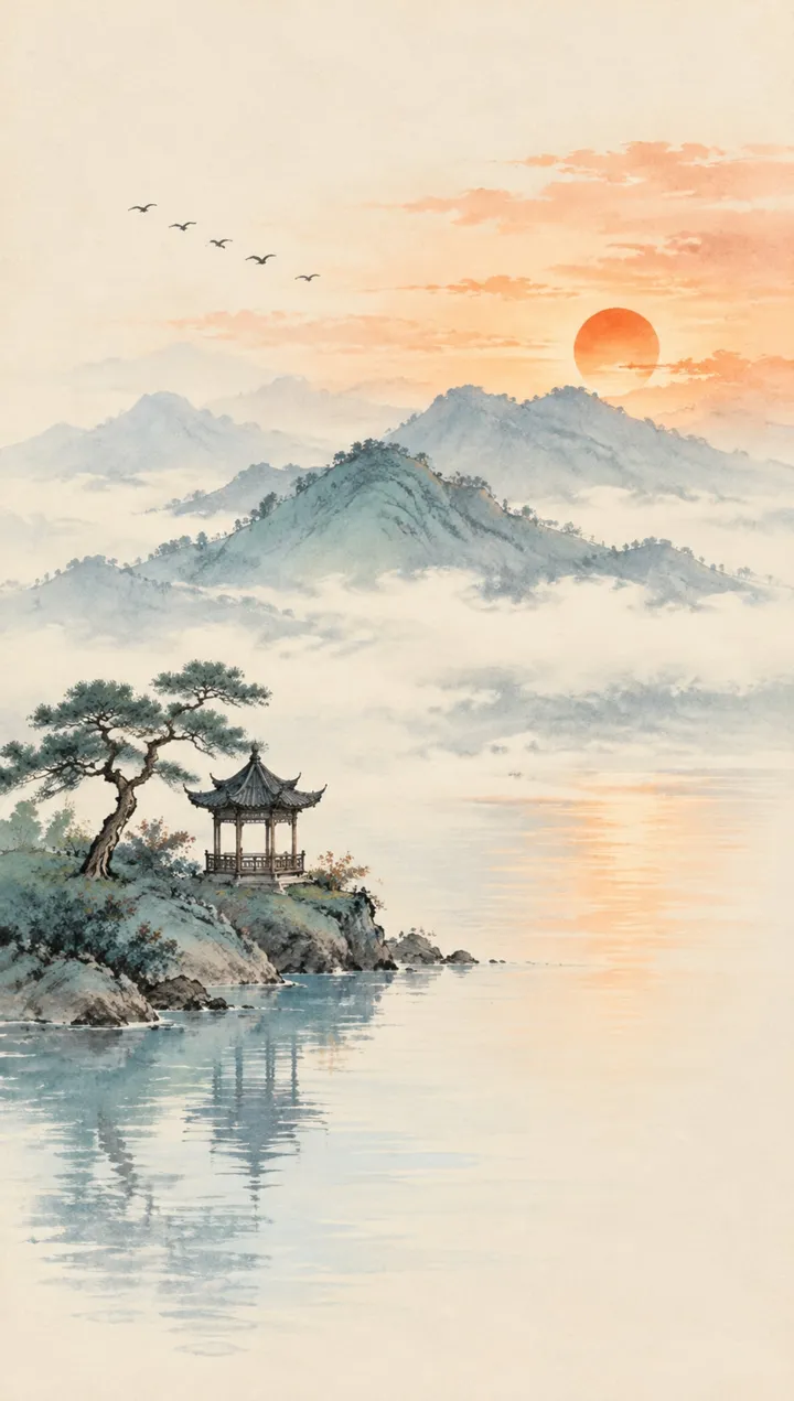 水墨淡彩山水插画提示词 青绿晚霞孤亭落日意境