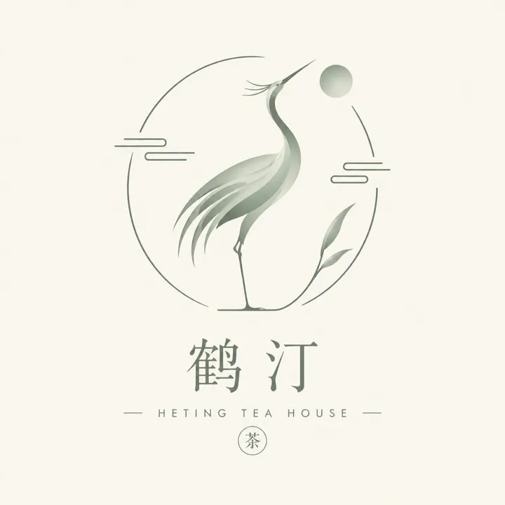 极简东方美学仙鹤Logo提示词 灰绿单色茶品牌徽标设计