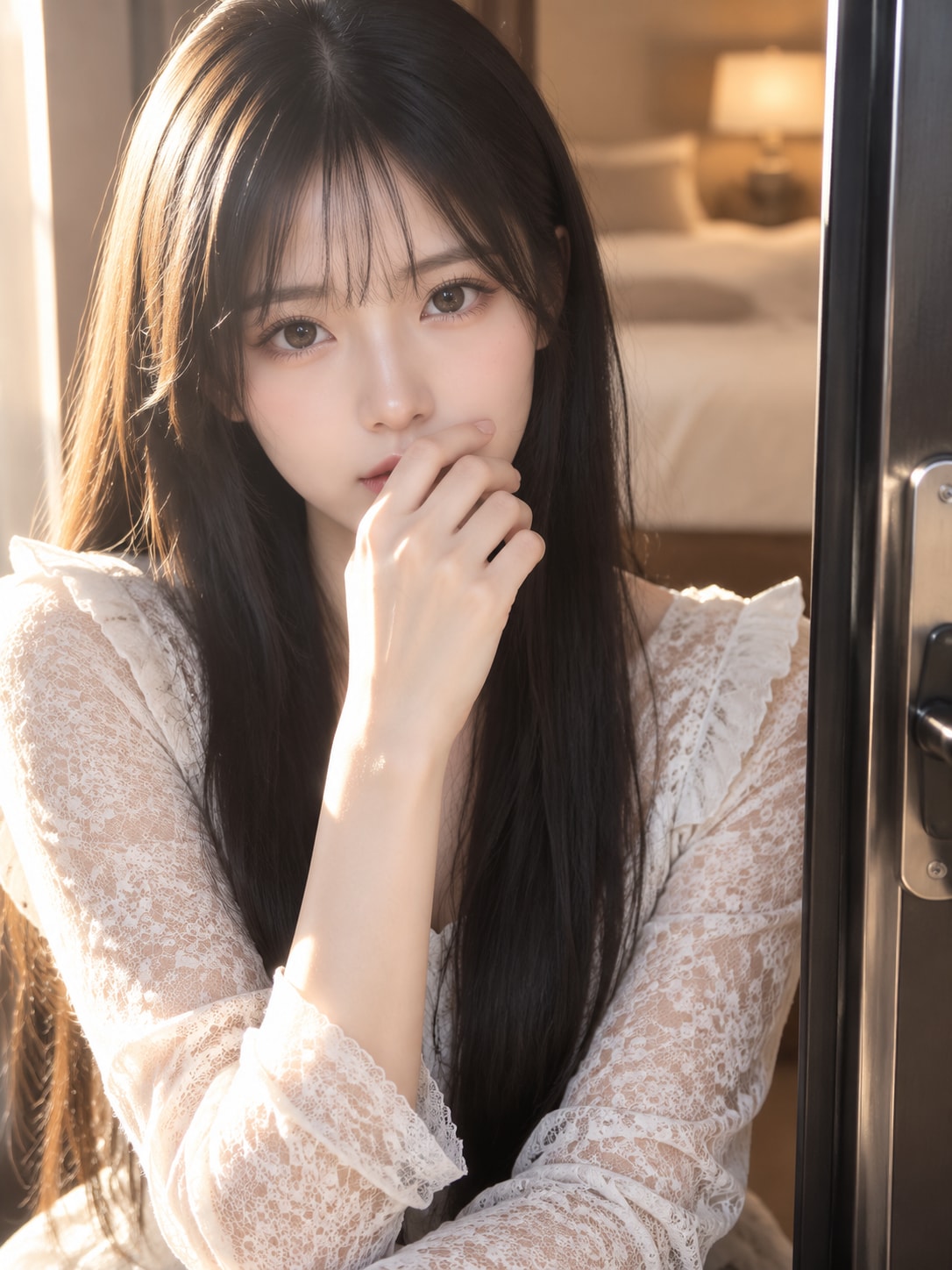 暖调窗光亚洲女性人像特写 AI 绘画提示词