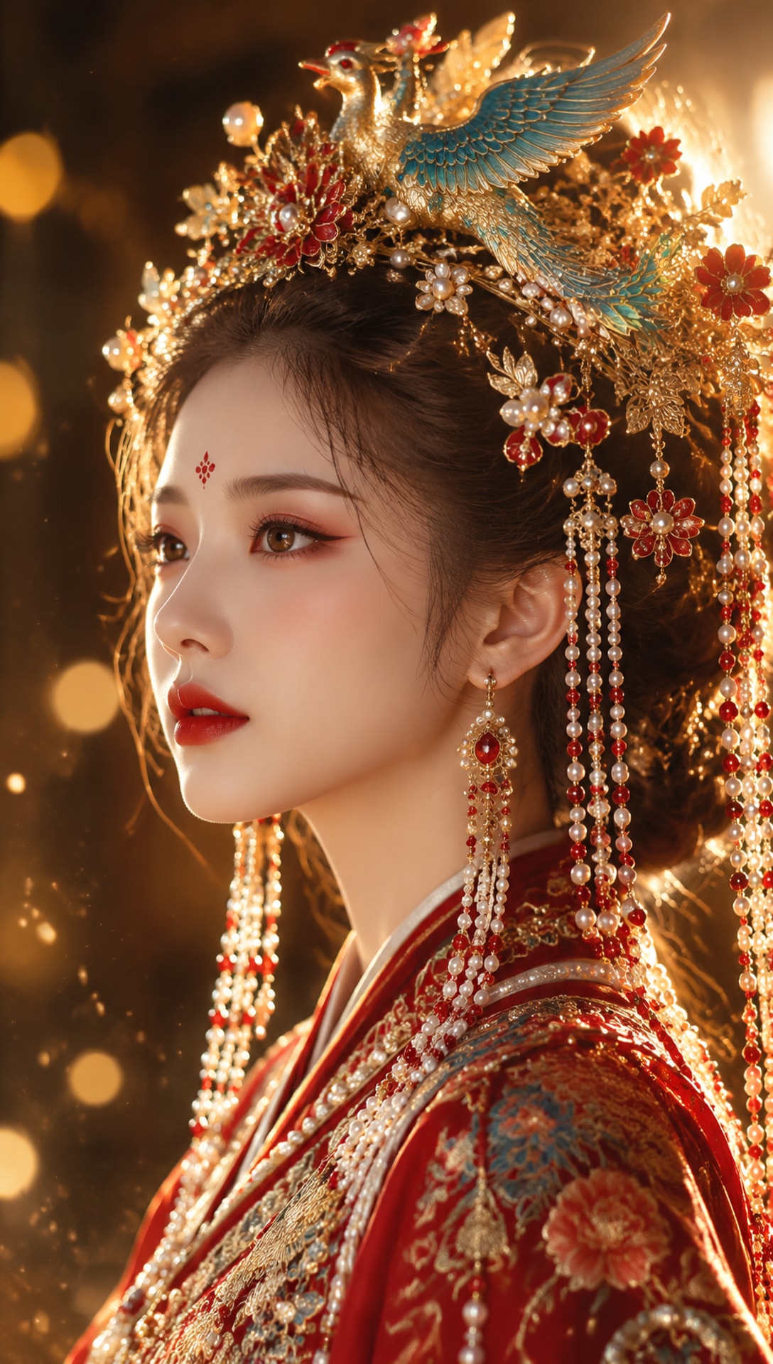 中式婚嫁凤冠人像特写 AI 绘画提示词，暖金侧逆光与红金珠饰质感