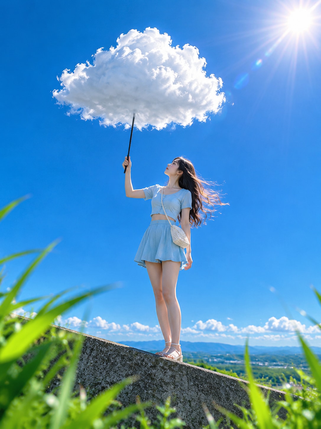 超现实创意人像摄影提示词 蓝天云朵与少女仰拍