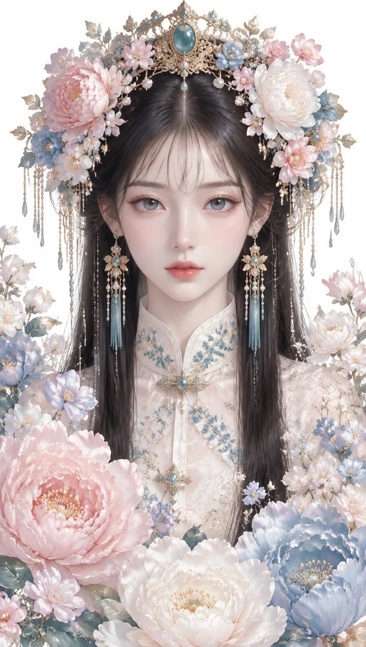 国风花冠仕女半厚涂写实人像AI绘画提示词