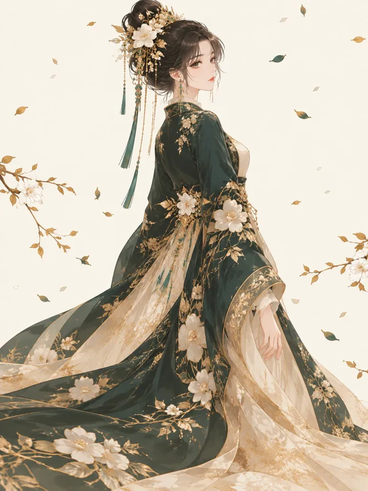 二次元国风回眸女子立绘 AI 绘画提示词