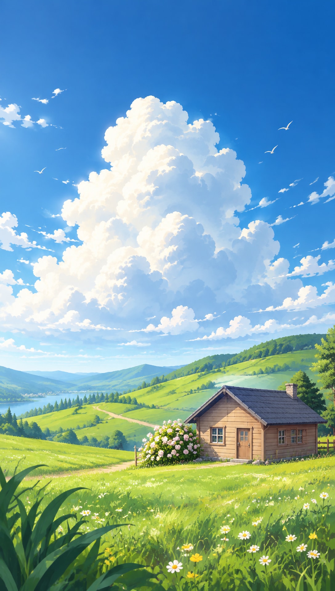 日系清新田园风蓝天白云丘陵木屋场景 AI 绘画提示词