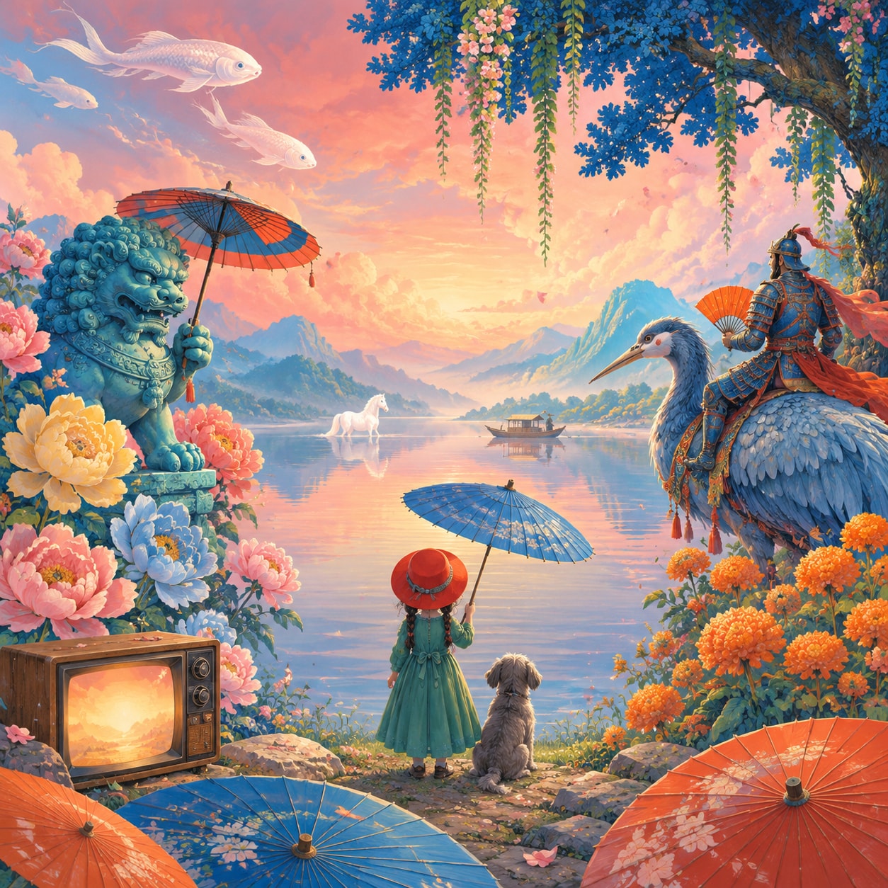 超现实叙事插画提示词：青蓝与珊瑚粉的梦幻水面世界