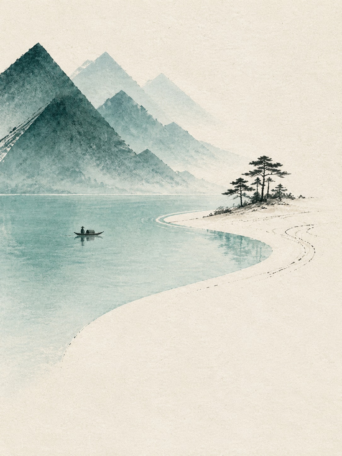 现代水墨淡彩几何山峦极简留白场景提示词