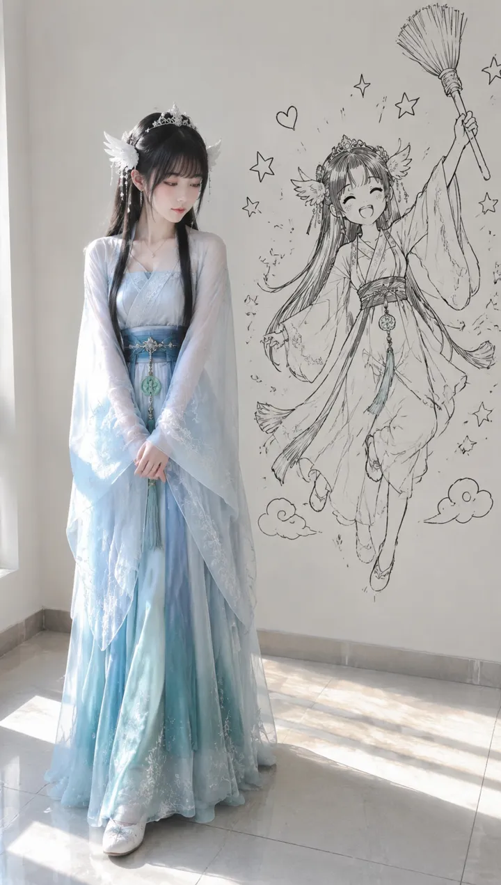 真人汉服少女与墙面黑白线稿涂鸦的创意AI绘画提示词