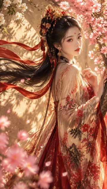 古风人像AI绘画提示词：红金暖调回眸女子与花枝飘带