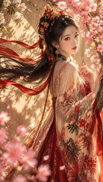 古风人像AI绘画提示词:红金暖调回眸女子与花枝飘带