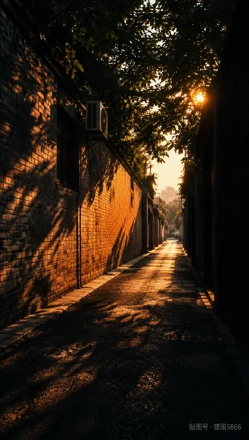 黄昏窄巷纪实摄影 AI 提示词,暖橙与深黑强对比画面