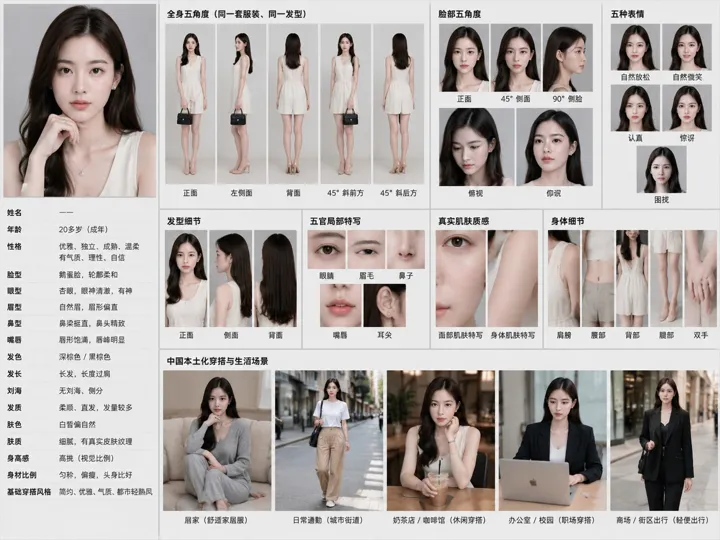 中文人物设定档案拼贴图 AI 提示词：五角度全身与表情细节