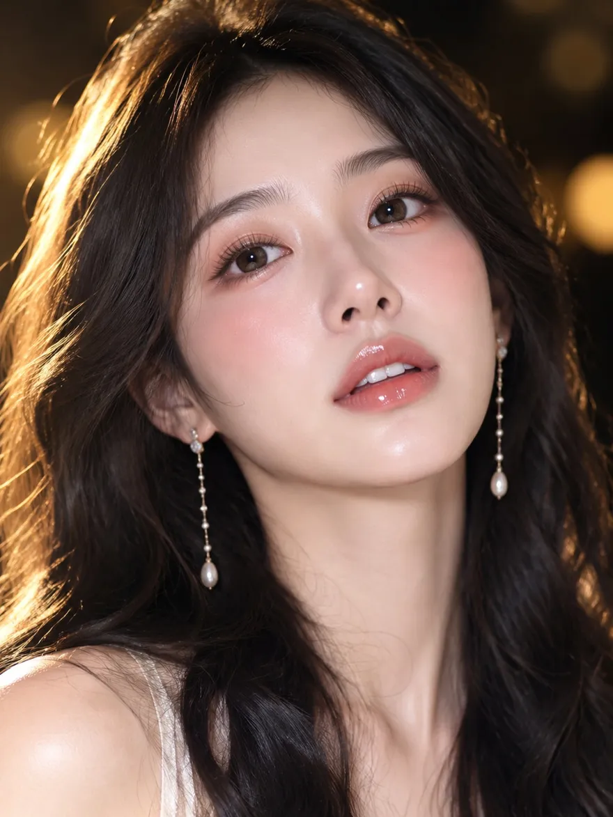 写实商业美妆人像特写 AI 提示词，暖金轮廓光与珍珠耳坠