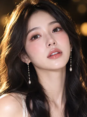 写实商业美妆人像特写 AI 提示词,暖金轮廓光与珍珠耳坠