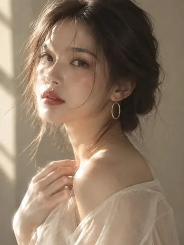 暖调窗光人像特写 AI 绘画提示词,胶片质感温柔回眸