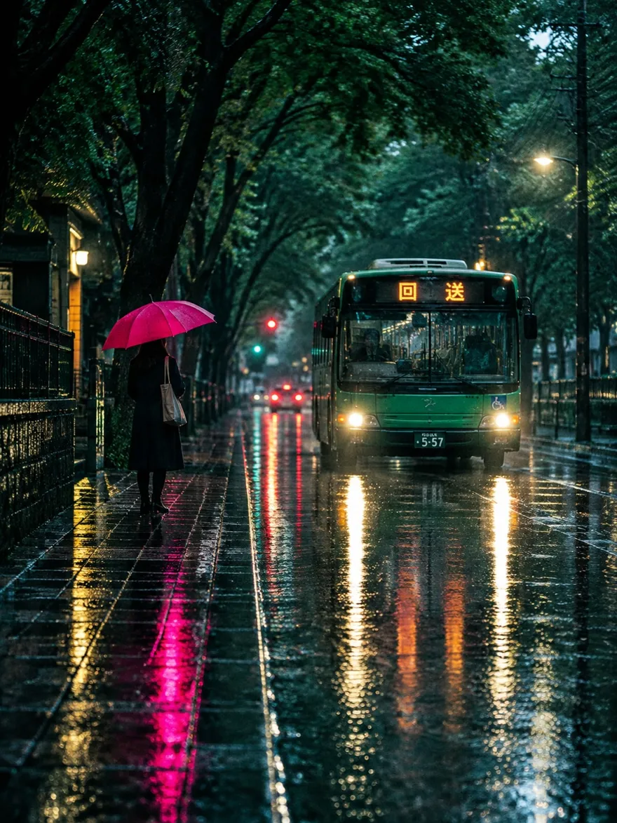 电影感雨夜街景摄影 AI 绘画提示词，冷绿品红对比