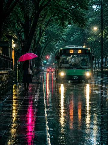 电影感雨夜街景摄影 AI 绘画提示词,冷绿品红对比