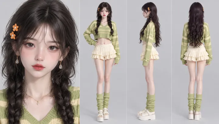半写实3D少女角色四视图设定提示词