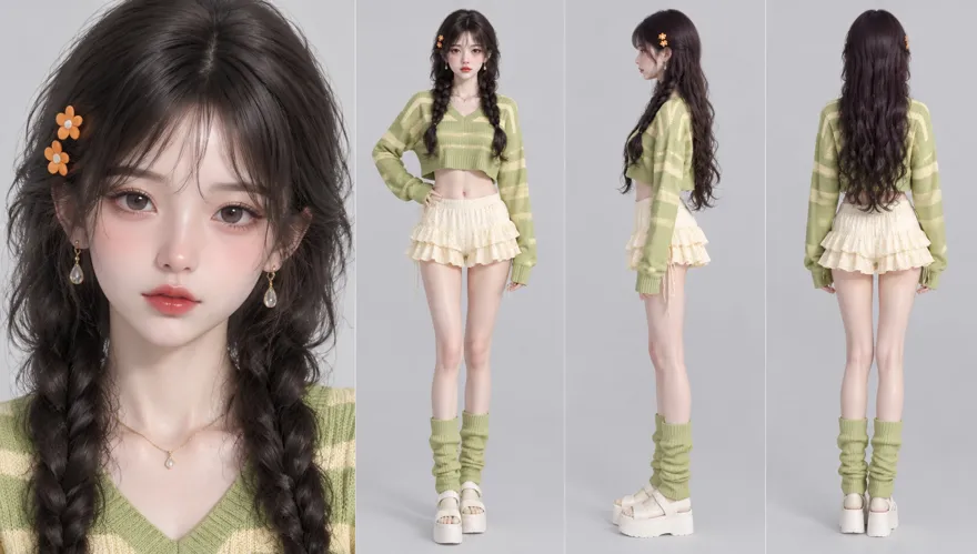 半写实3D少女角色四视图设定提示词