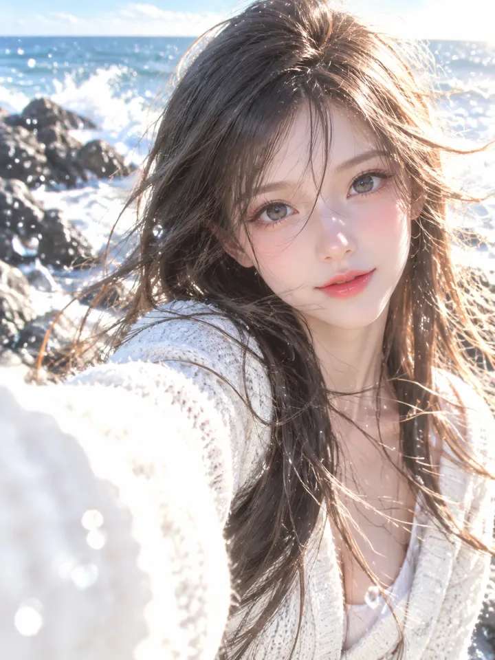 日系美少女海边逆光近景人像 AI 绘画提示词