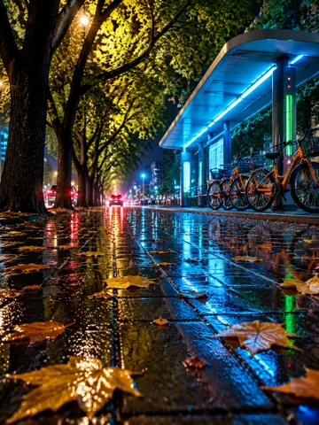 城市夜景街拍公交站台AI绘画提示词，湿地面霓虹反射写实摄影