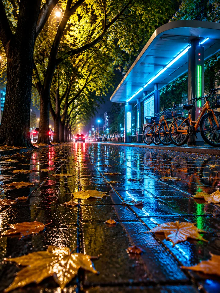 城市夜景街拍公交站台AI绘画提示词，湿地面霓虹反射写实摄影