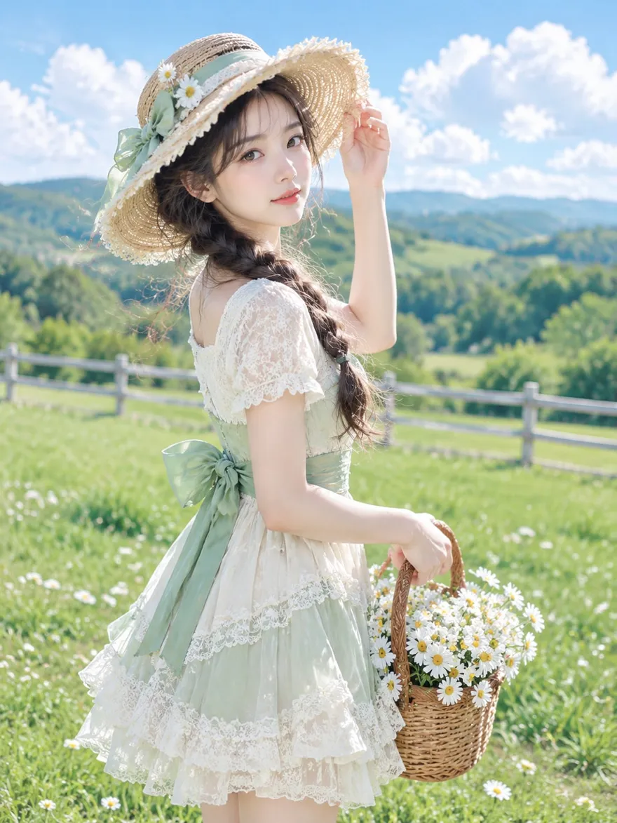 夏日田园少女写真 AI 提示词，清新草帽人像生成