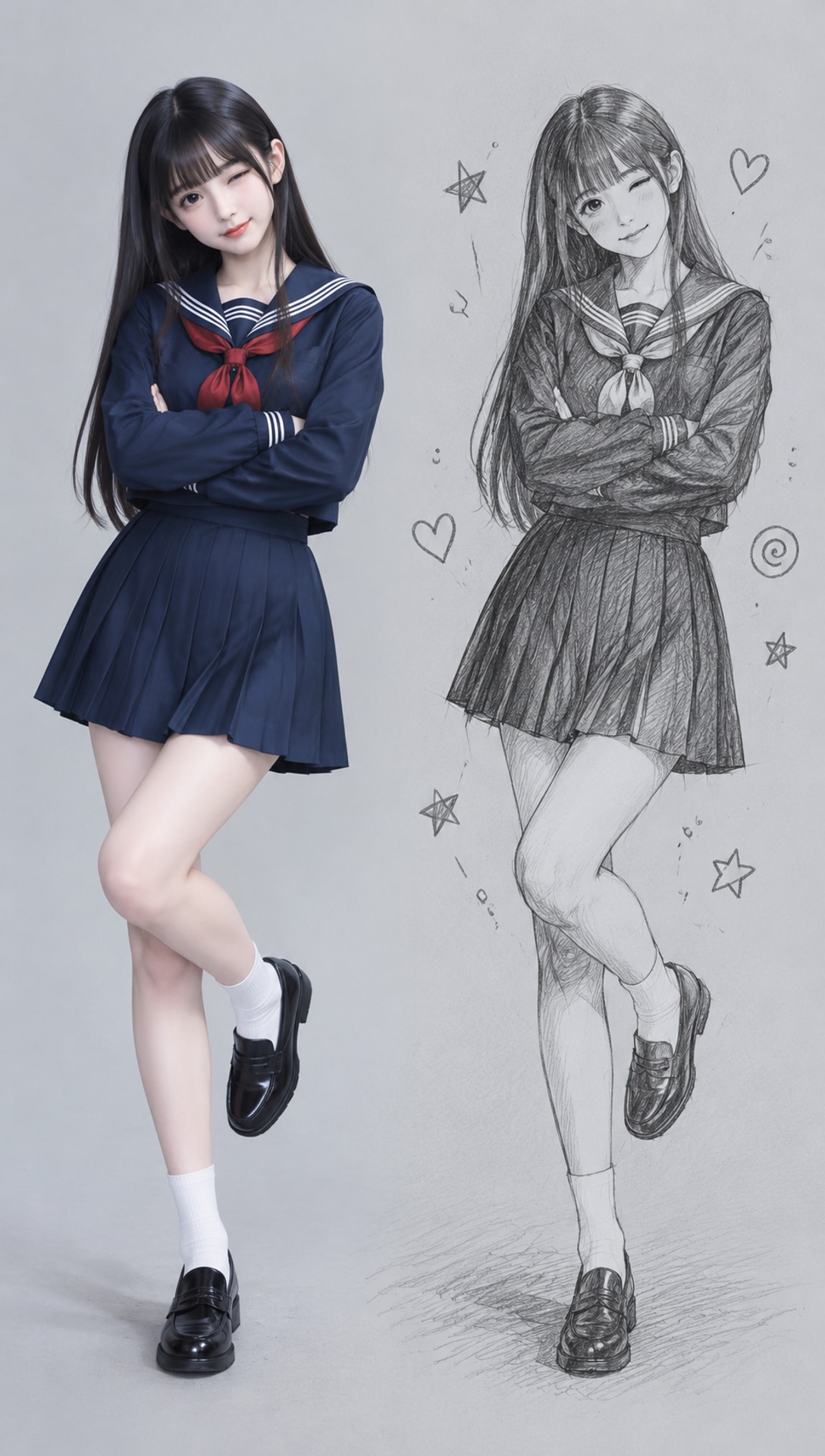 写实少女与铅笔线稿双人并置 AI 绘画提示词