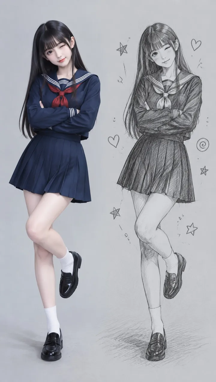 写实少女与铅笔线稿双人并置 AI 绘画提示词