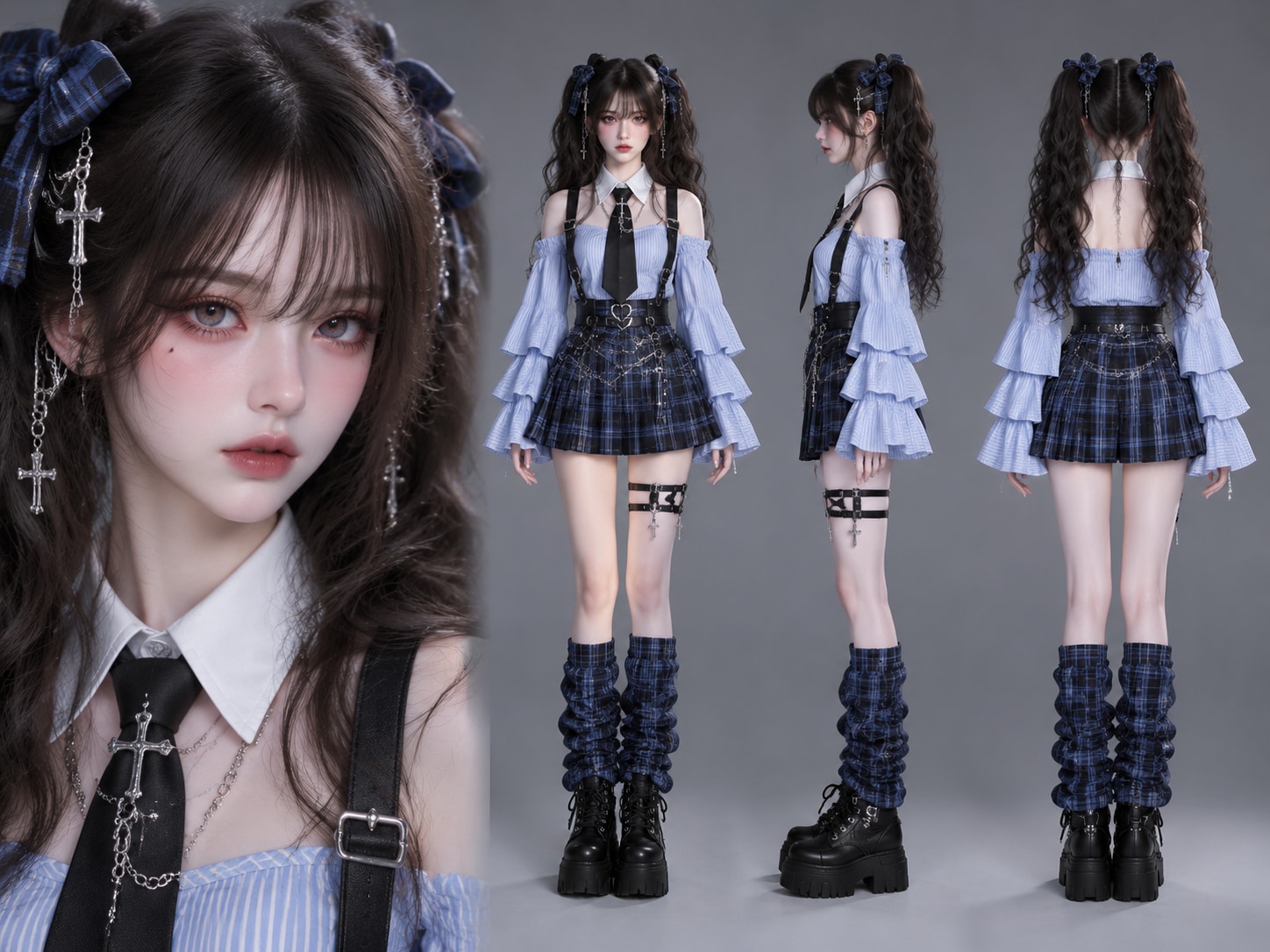 暗黑哥特学院风少女多视角角色设定图AI提示词