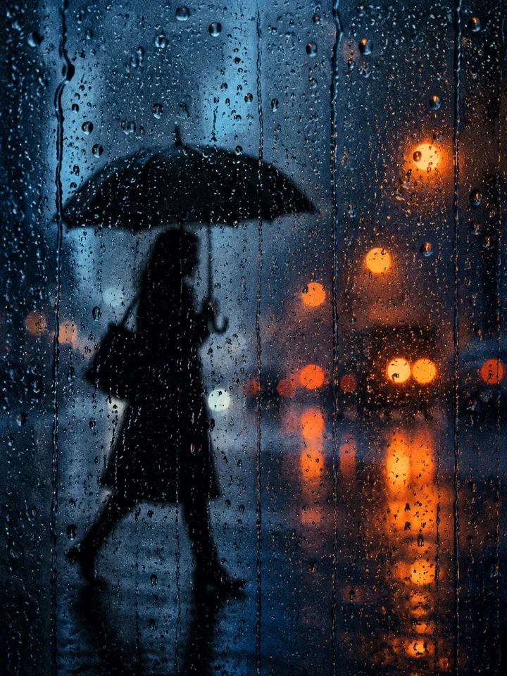 雨夜玻璃窗剪影摄影 AI 提示词 冷蓝暖橙对比