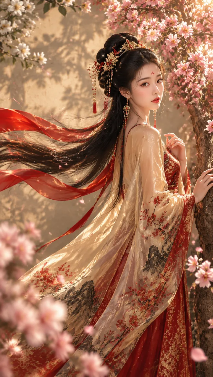 古风红金纱裙回眸人像 AI 绘画提示词
