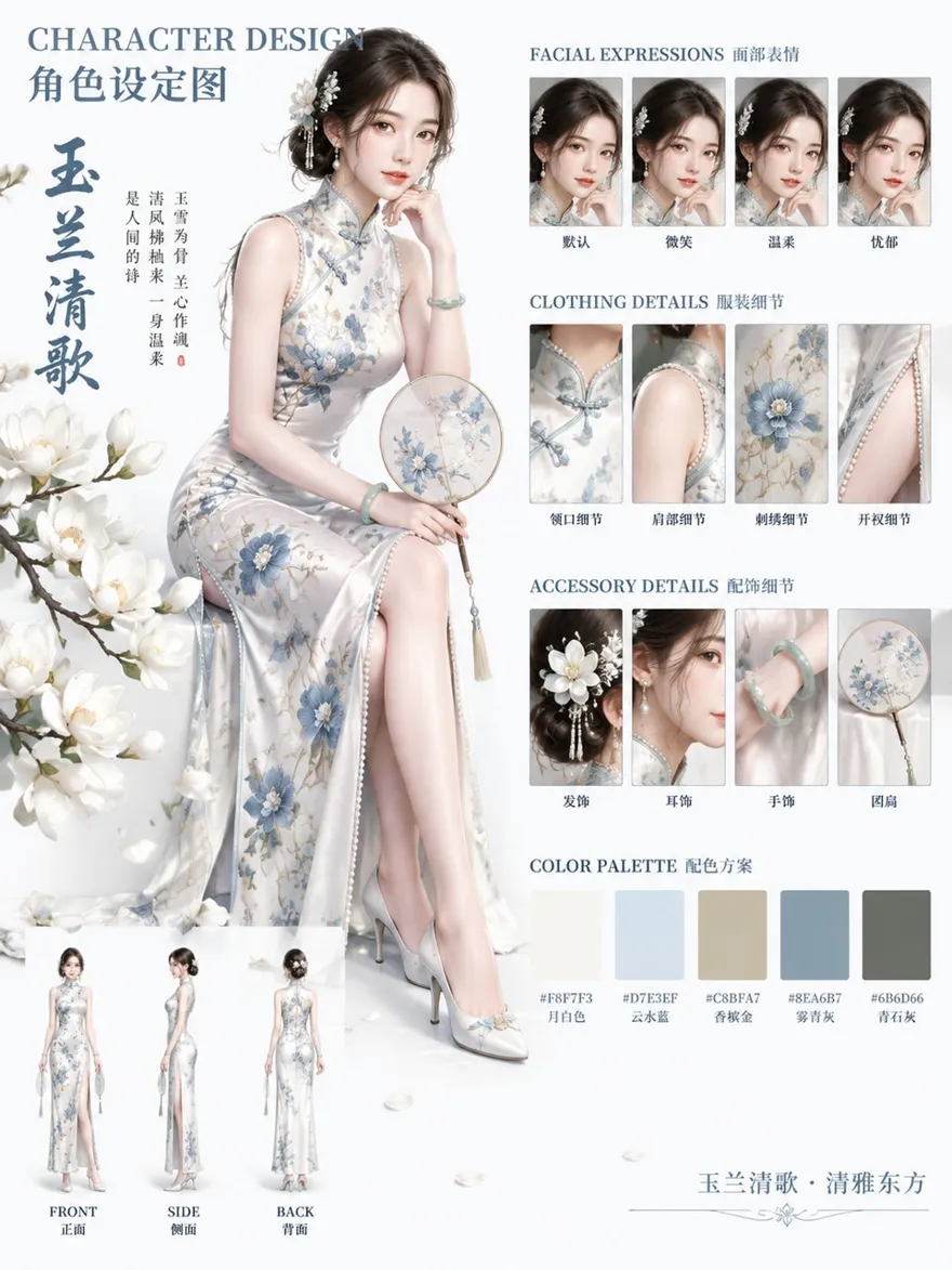 玉兰清歌东方女性角色设定图AI提示词