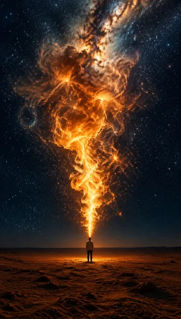 超现实火焰柱星空沙地人物 AI 绘画提示词