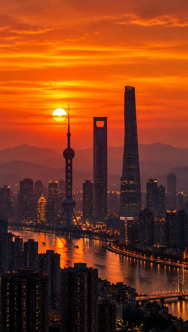 日落逆光城市天际线剪影摄影AI提示词