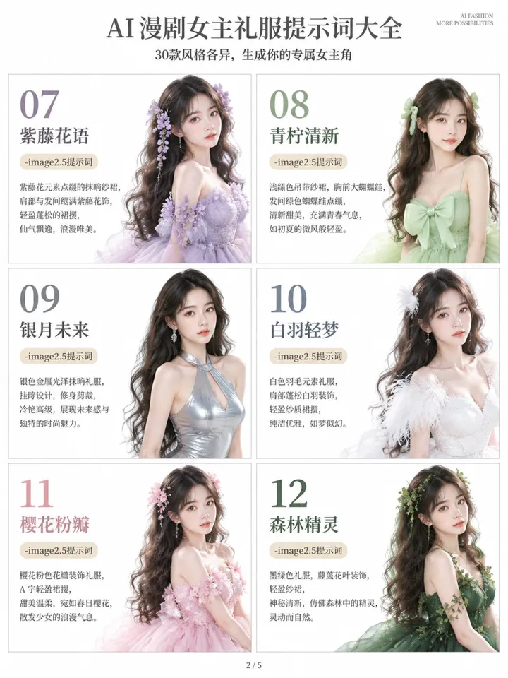 AI 漫剧女主礼服提示词六宫格排版设计