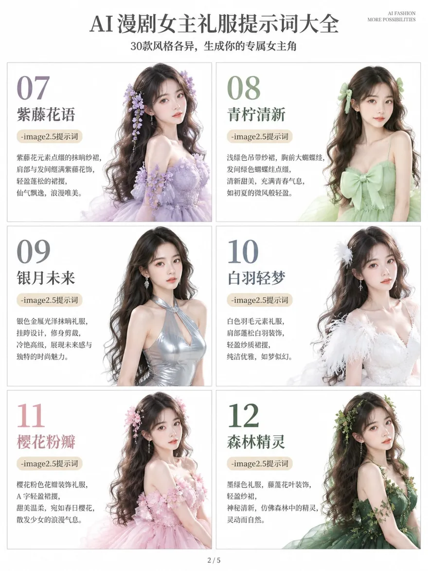 AI 漫剧女主礼服提示词六宫格排版设计