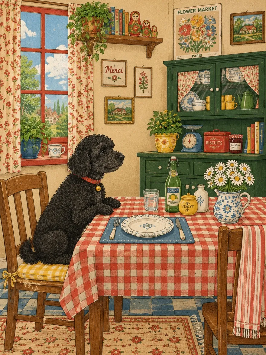复古绘本风黑色卷毛狗餐厅插画 AI 提示词